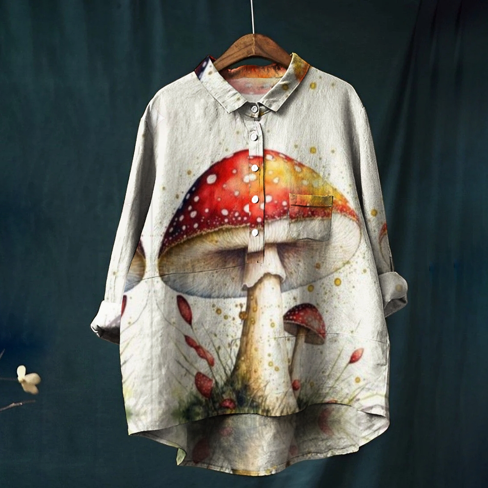Women's Sewant Mushrooms Print Casual Cotton And Linen Shirt