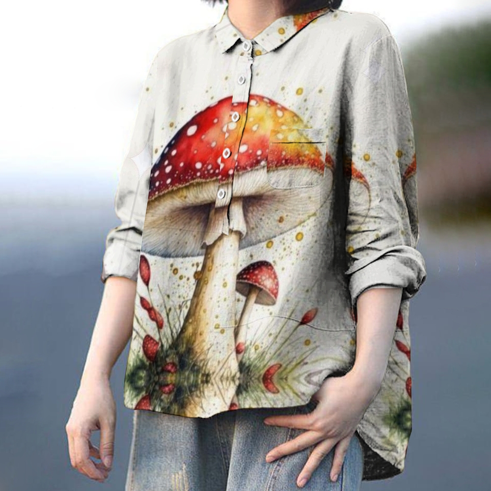 Women's Sewant Mushrooms Print Casual Cotton And Linen Shirt