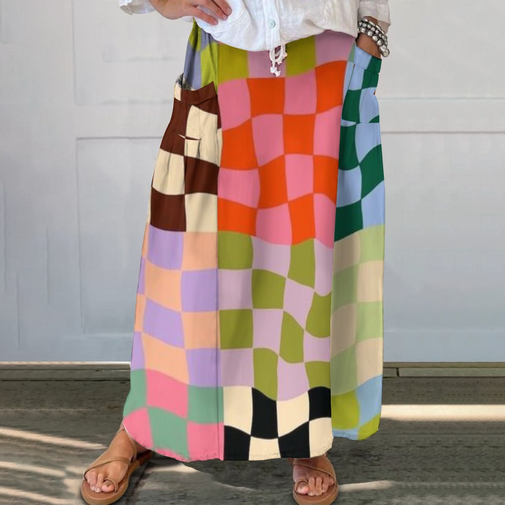 Women's Colorful Geometric Grid Print Cotton And Line Skirt