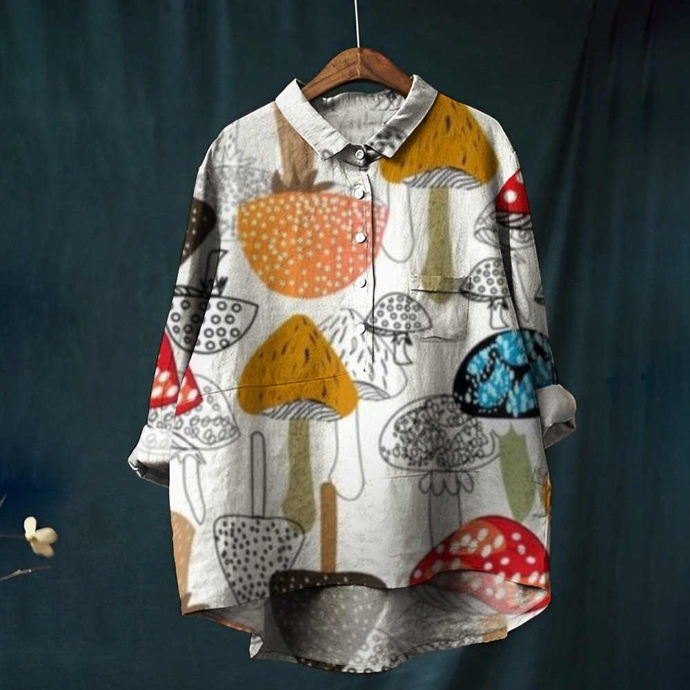 Women's Sewant Mushrooms Print Casual Cotton And Linen Shirt