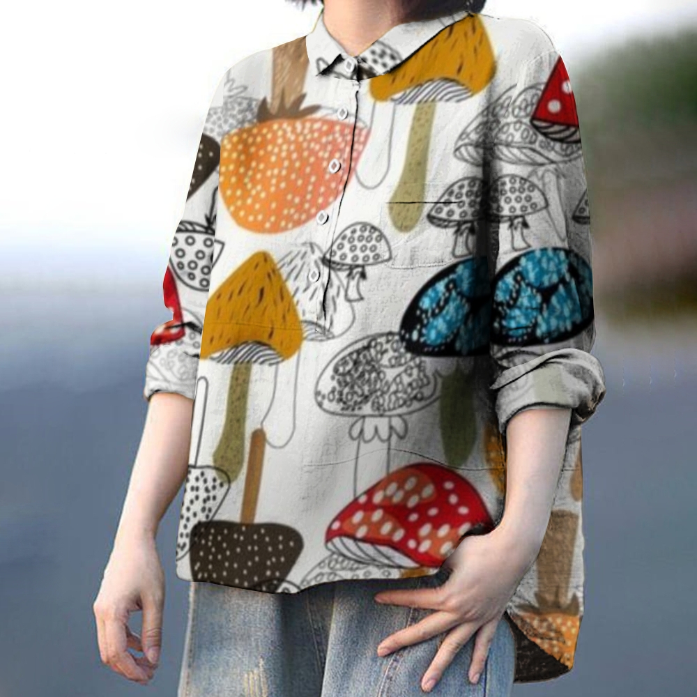 Women's Sewant Mushrooms Print Casual Cotton And Linen Shirt