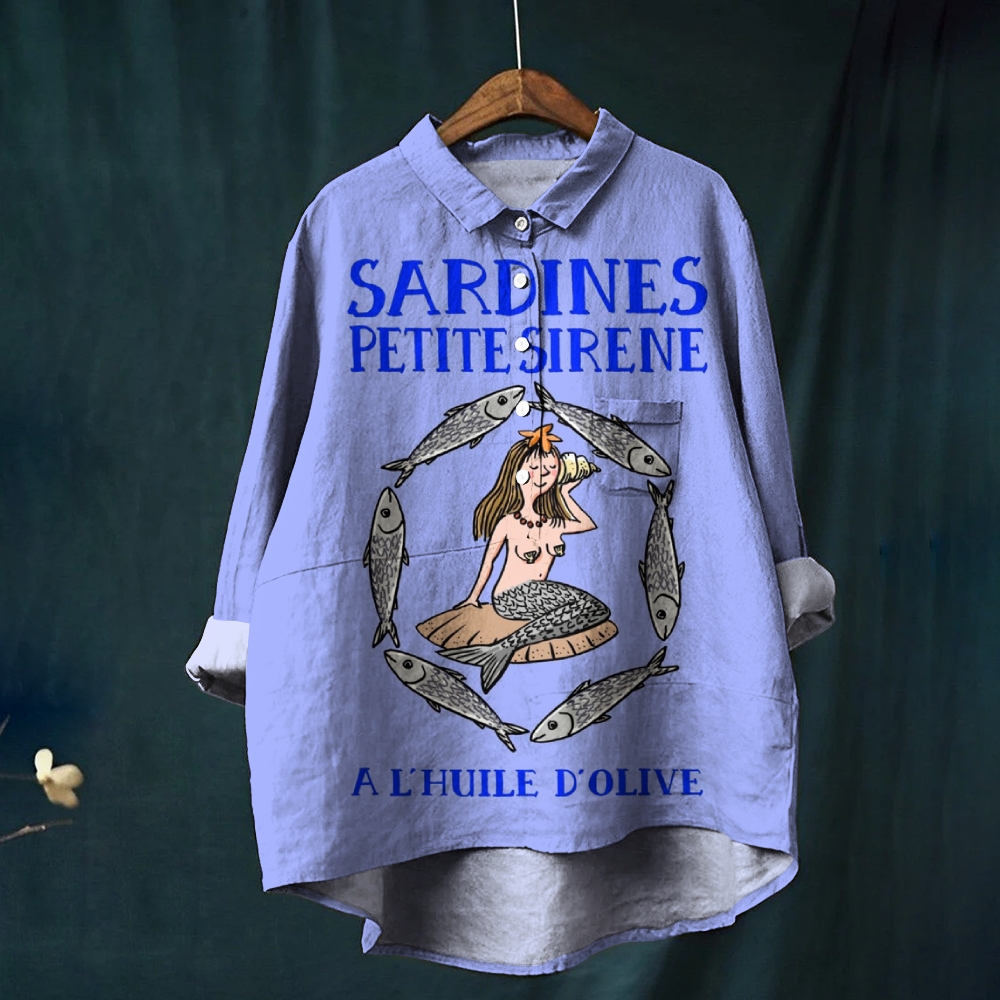 Women's Sardine Mermaid Print Casual Cotton And Linen Shirt