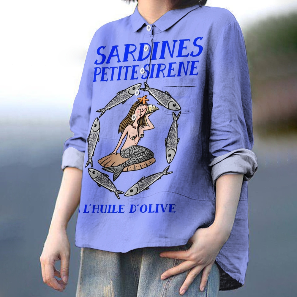 Women's Sardine Mermaid Print Casual Cotton And Linen Shirt
