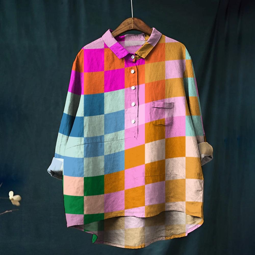 Women's Colorful Geometric Grid Print Casual Cotton And Linen Shirt