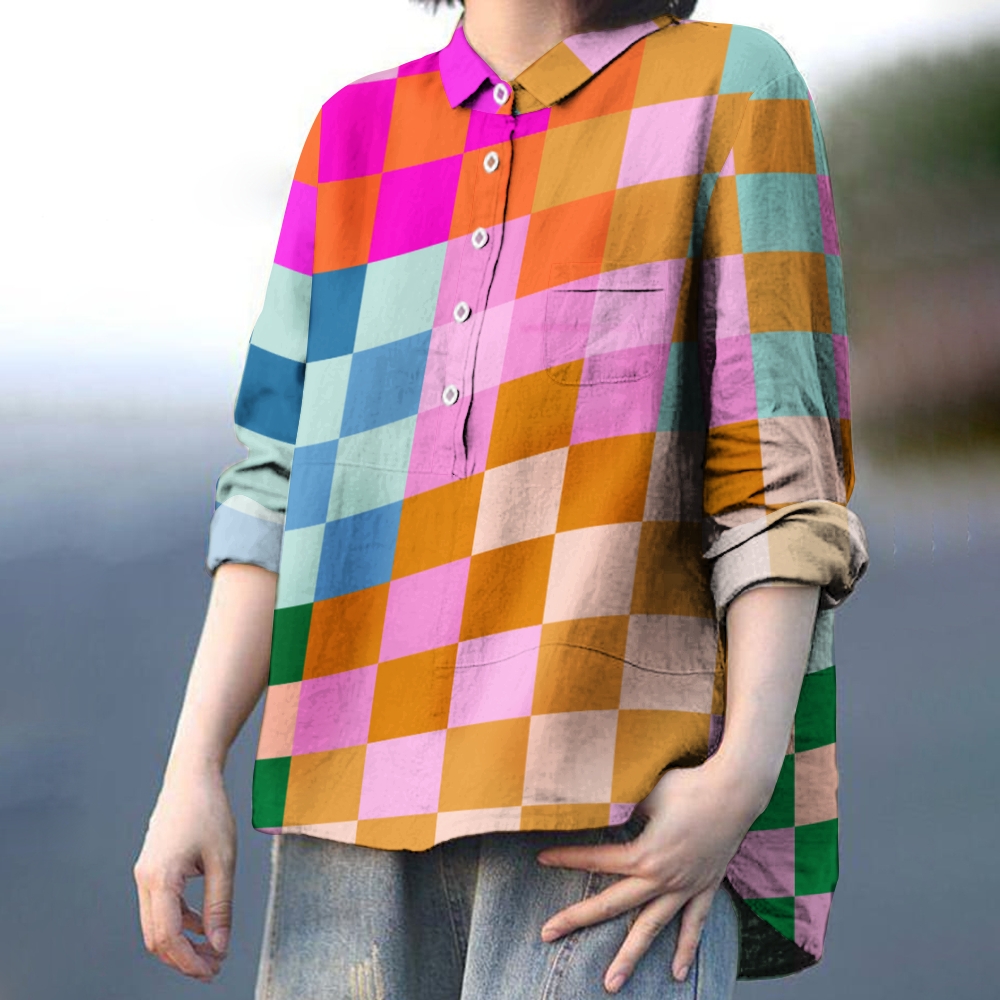 Women's Colorful Geometric Grid Print Casual Cotton And Linen Shirt