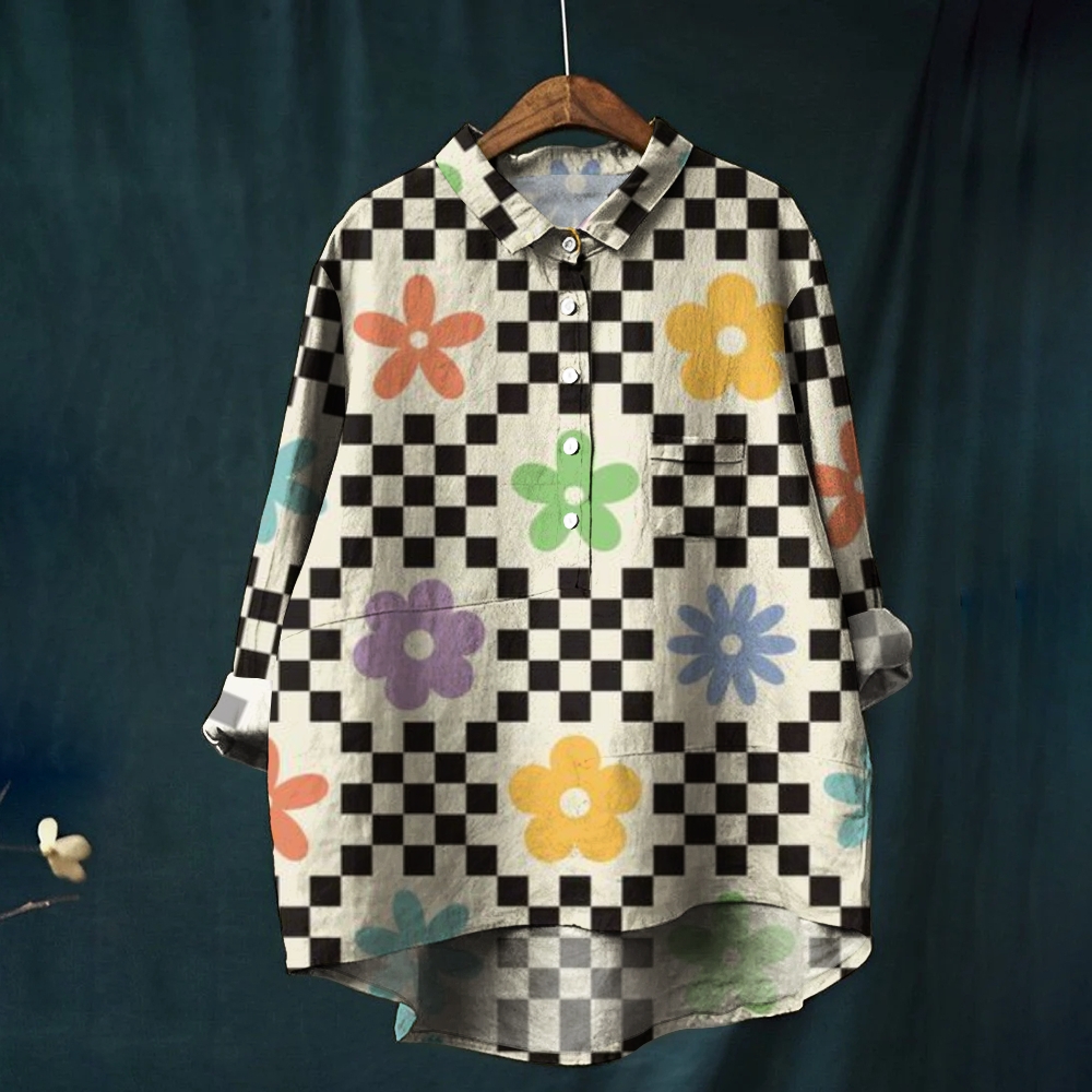 Women's Colorful Geometric Grid Print Casual Cotton And Linen Shirt