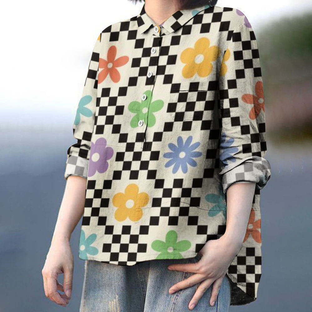 Women's Colorful Geometric Grid Print Casual Cotton And Linen Shirt