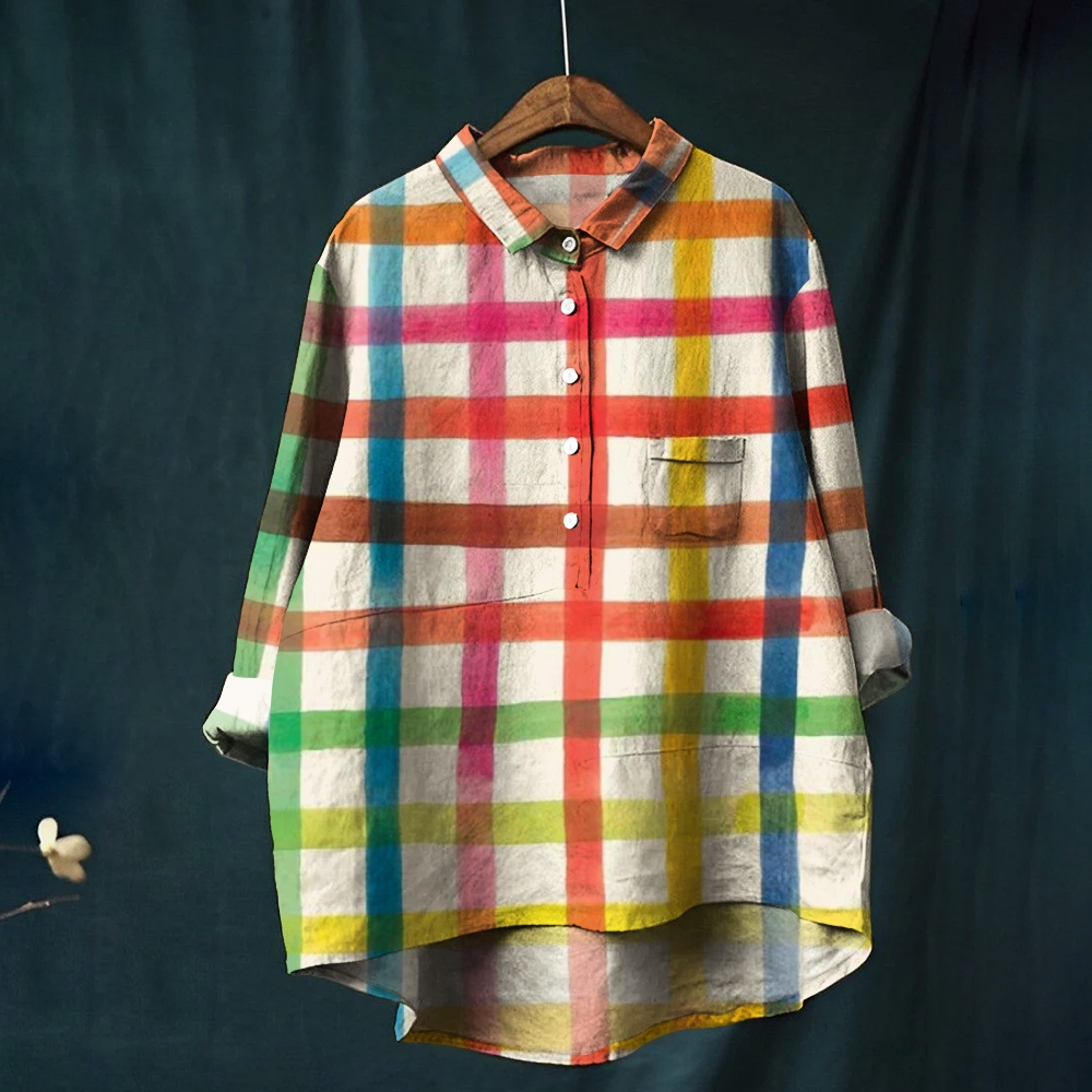 Women's Color Lines Print Casual Cotton And Linen Shirt