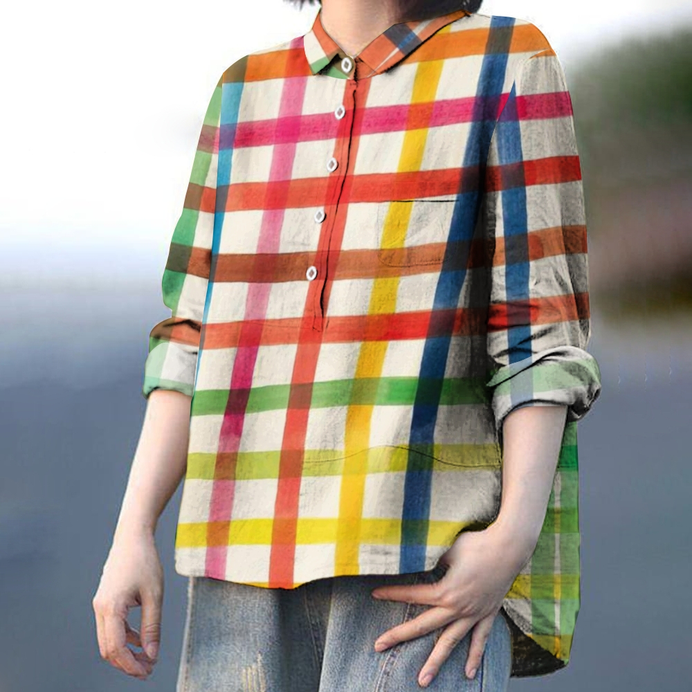 Women's Color Lines Print Casual Cotton And Linen Shirt