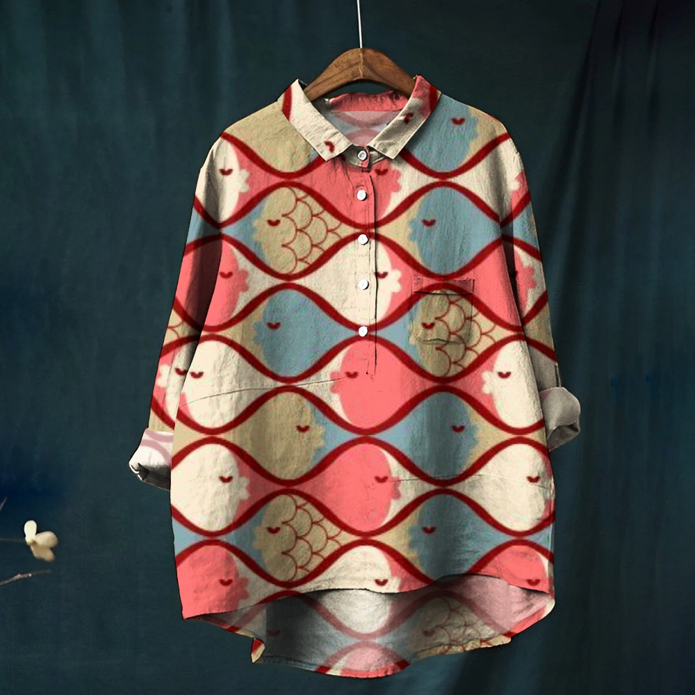 Women's Kiss Fish Print Casual Cotton And Linen Shirt
