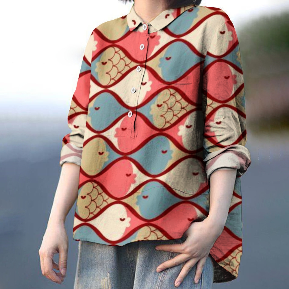 Women's Kiss Fish Print Casual Cotton And Linen Shirt