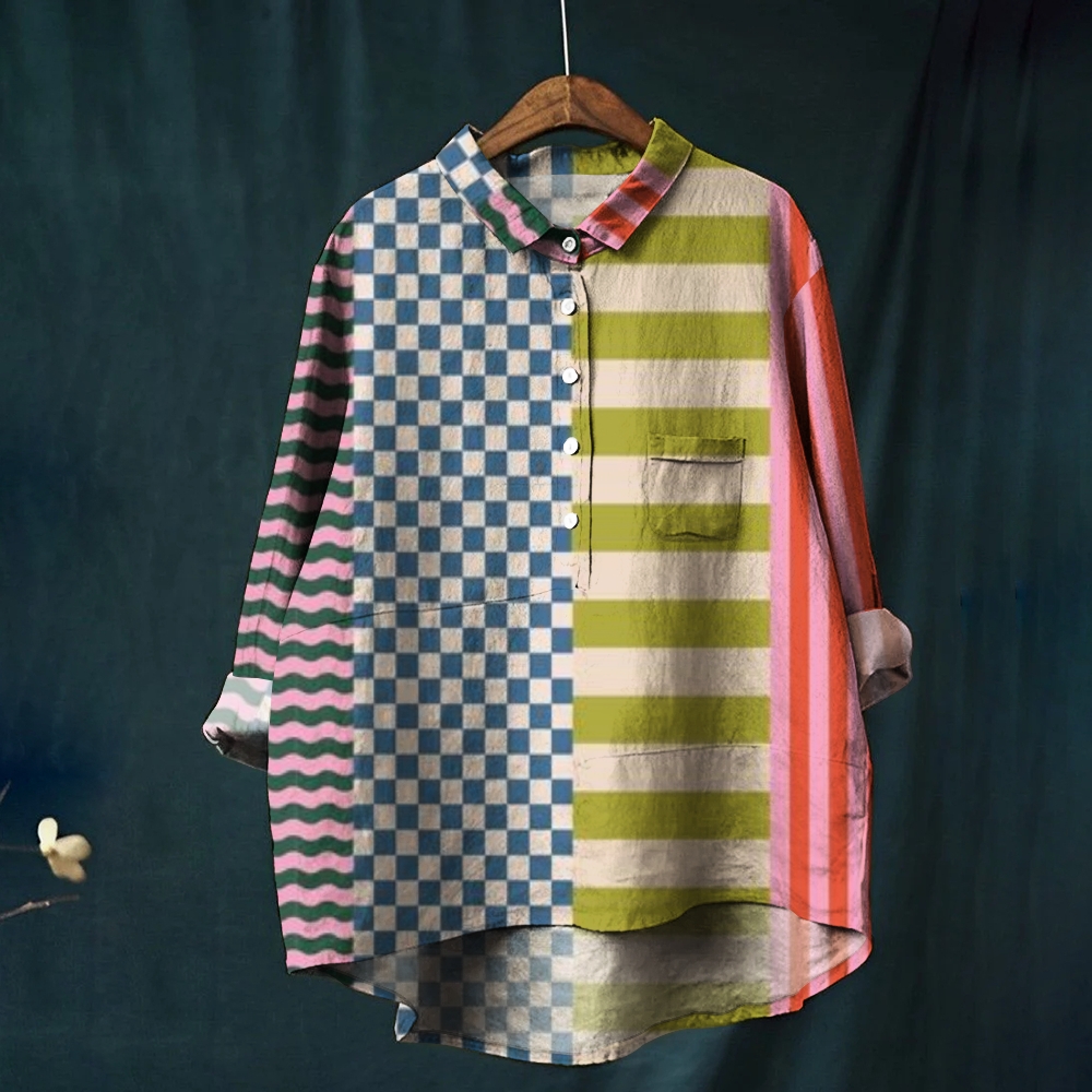 Women's Block Stripe Colorblock Print Casual Cotton And Linen Shirt