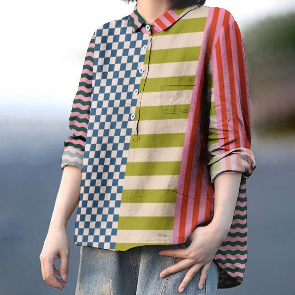 Women's Block Stripe Colorblock Print Casual Cotton And Linen Shirt