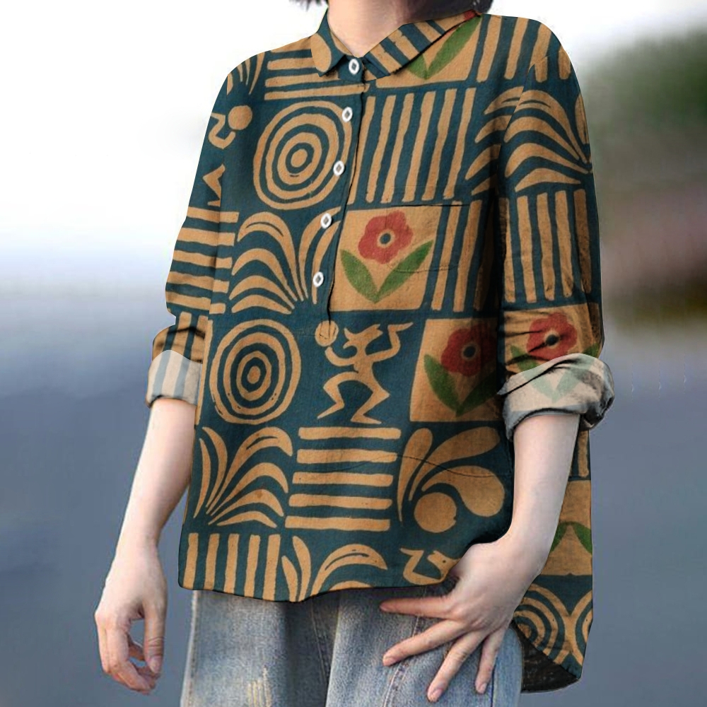 Women's Retro Colorblock Print Casual Cotton And Linen Shirt