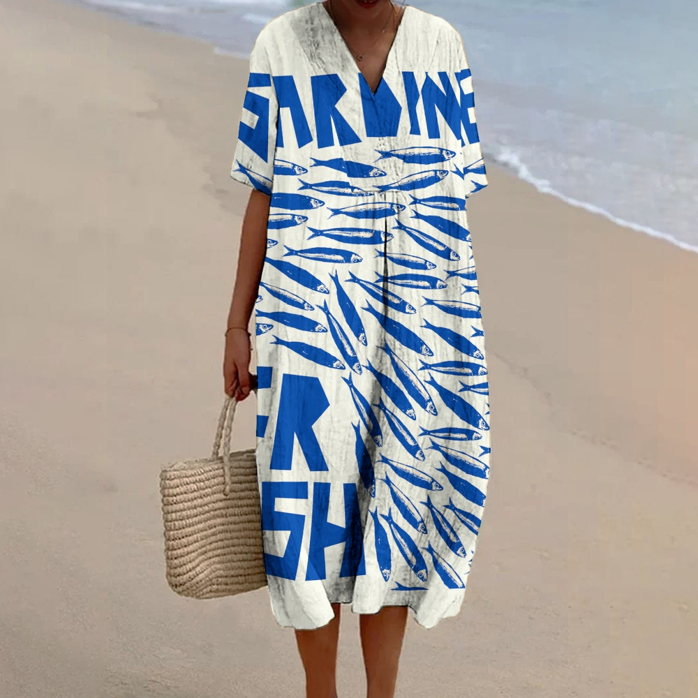 Women's Vintage Fish Art Print Flowy Linen Dress