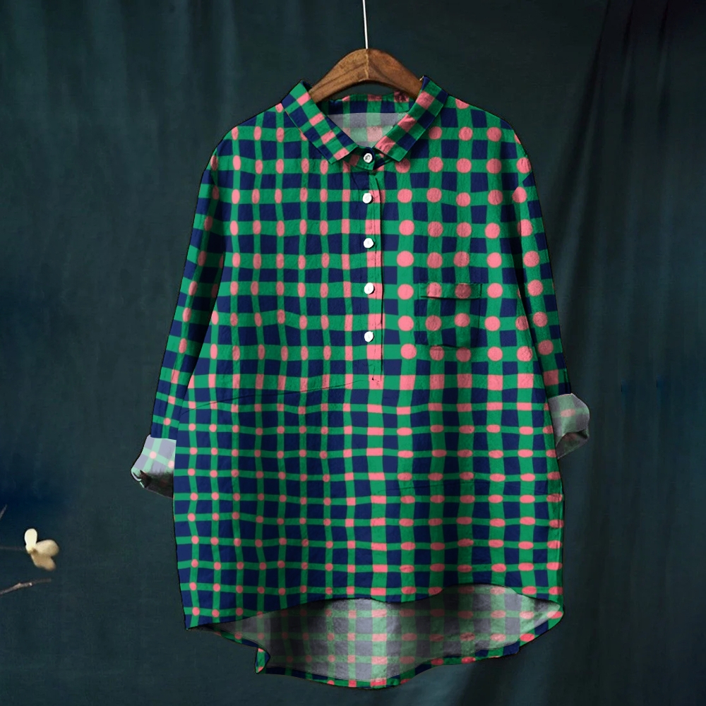 Women's Vintage Square Colorblock Print Casual Cotton And Linen Shirt