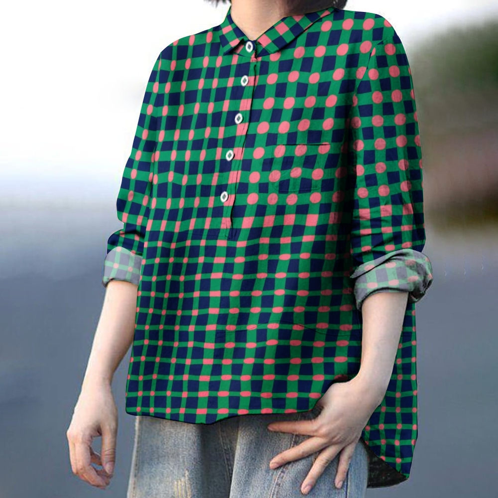 Women's Vintage Square Colorblock Print Casual Cotton And Linen Shirt