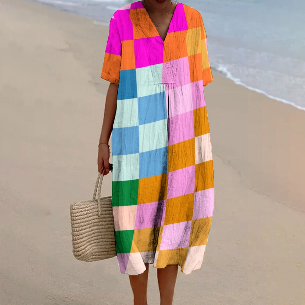 Women's Square Colorblock Print Flowy Linen Dress
