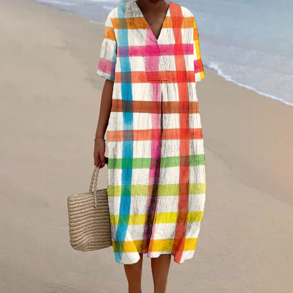 Women's Line Colorblock Print Flowy Linen Dress