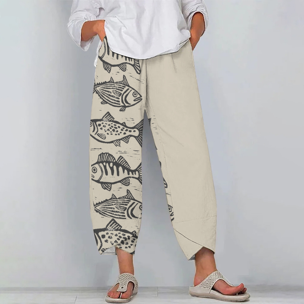 Women's Casual Printed Cotton And Linen Pants 2408004678