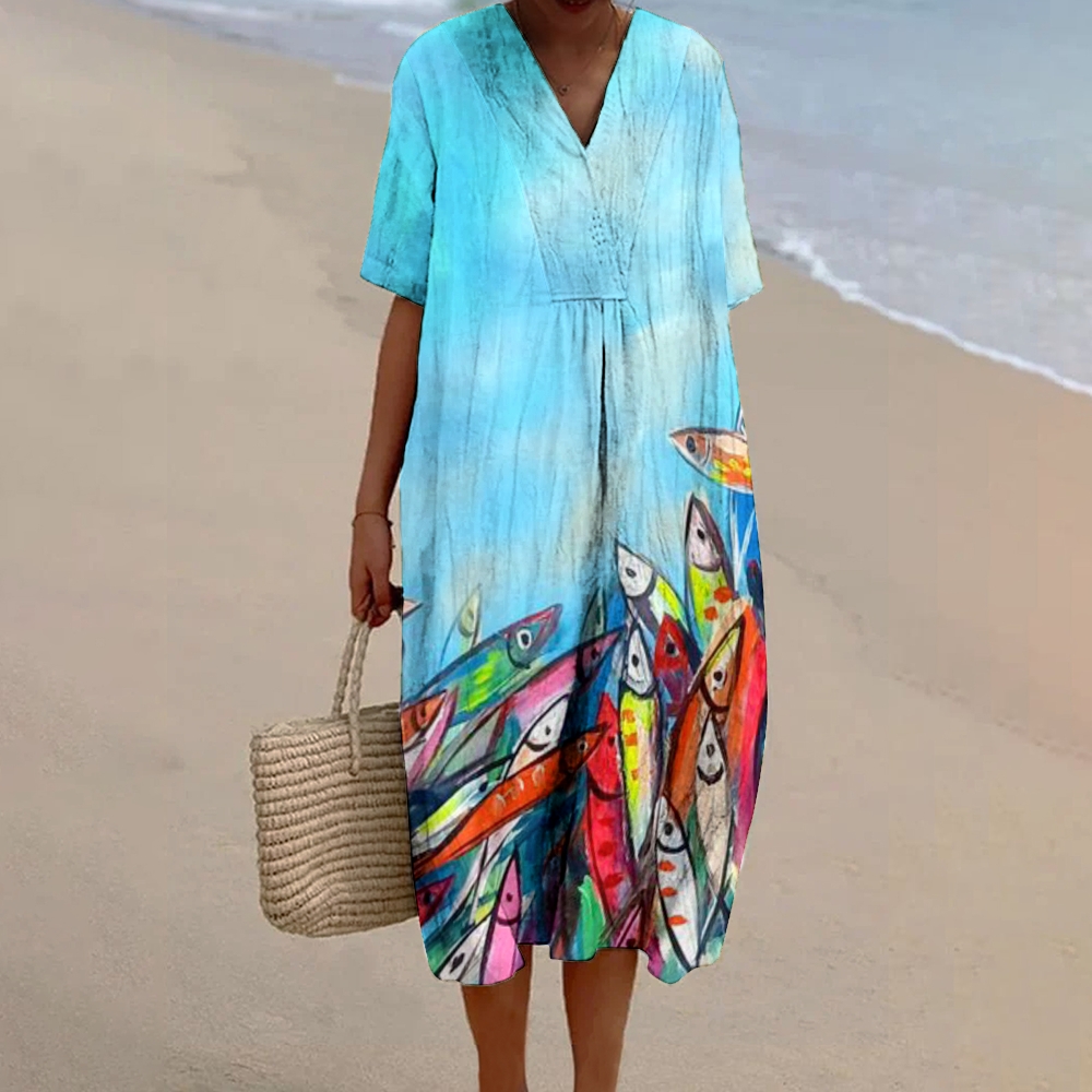 Women's Fish Art Print Flowy Linen Dress