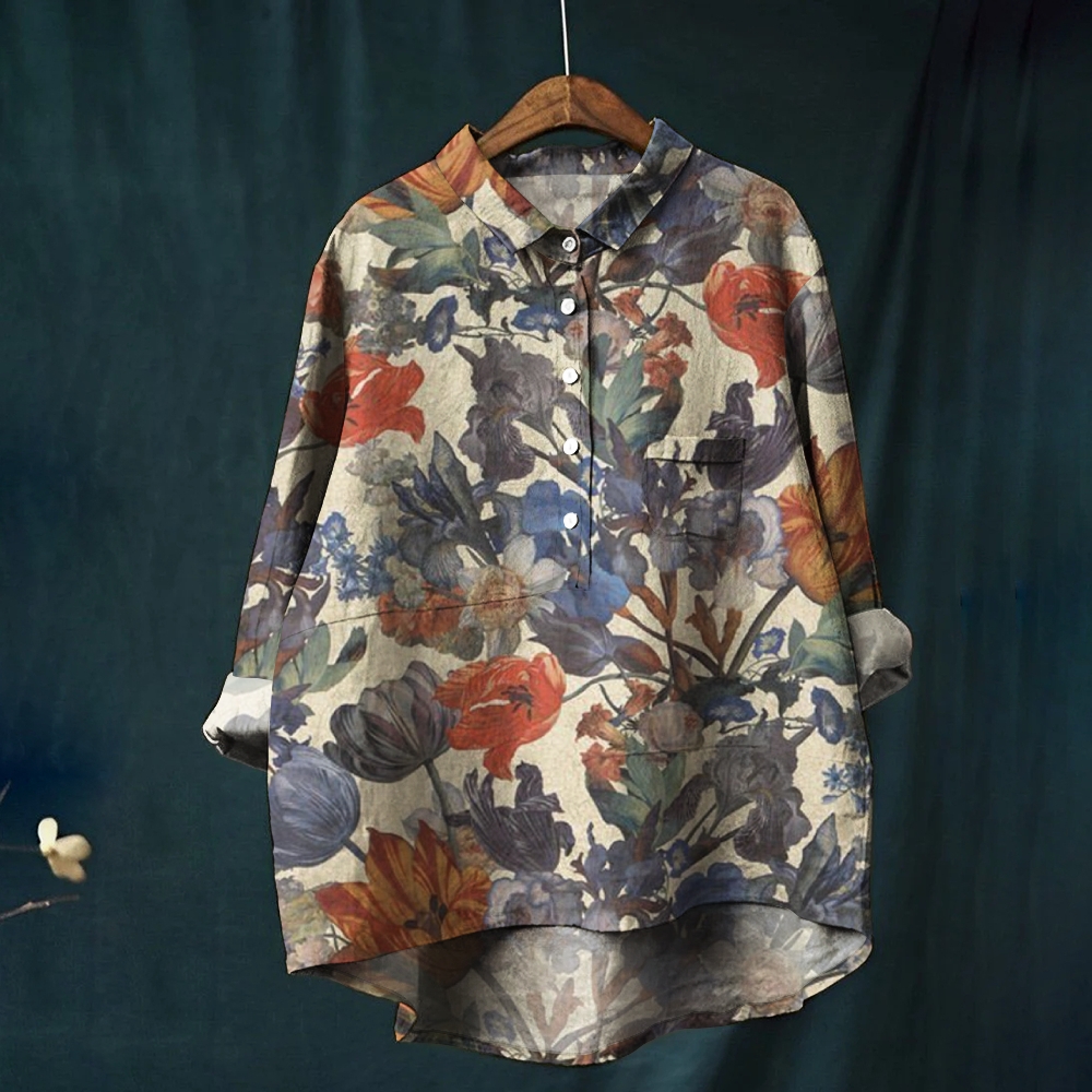 Women's Vintage Flower Print Casual Cotton And Linen Shirt