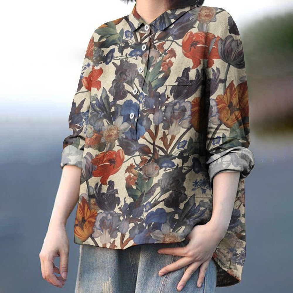 Women's Vintage Flower Print Casual Cotton And Linen Shirt