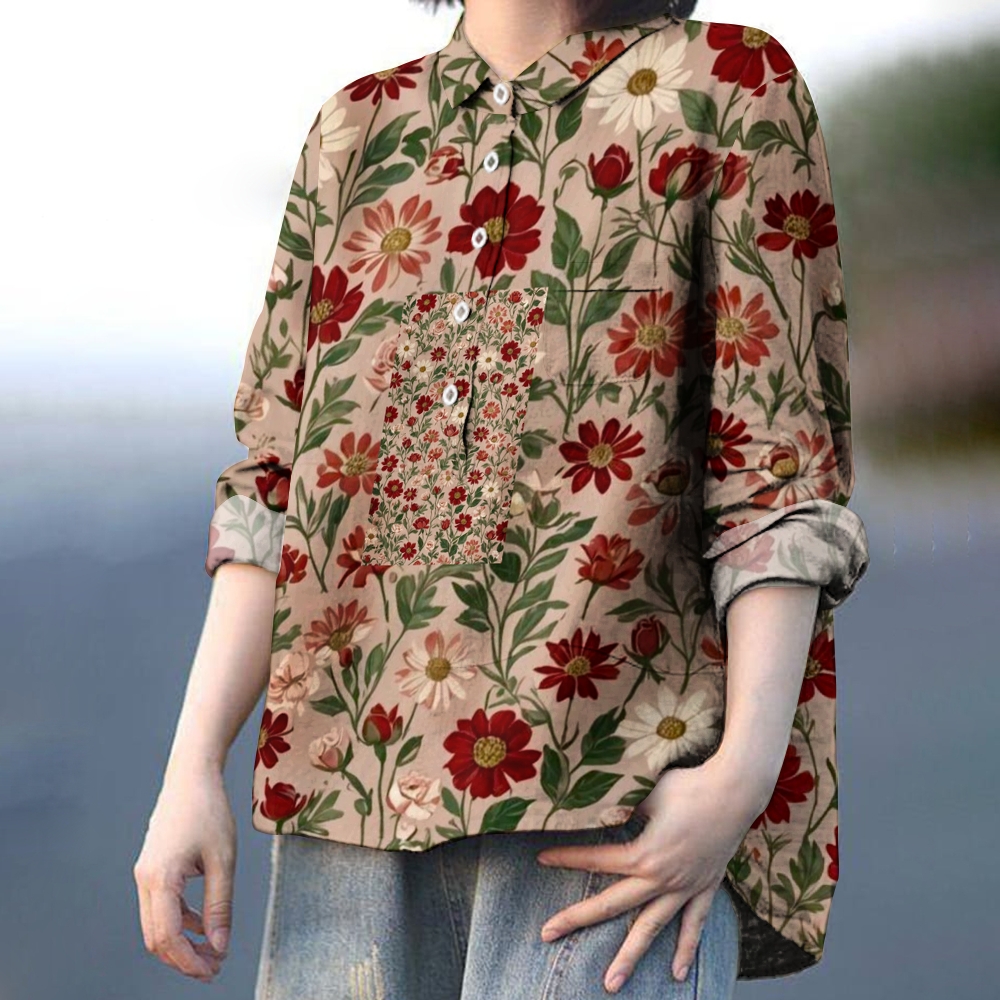 Women's Vintage Flower Print Casual Cotton And Linen Shirt