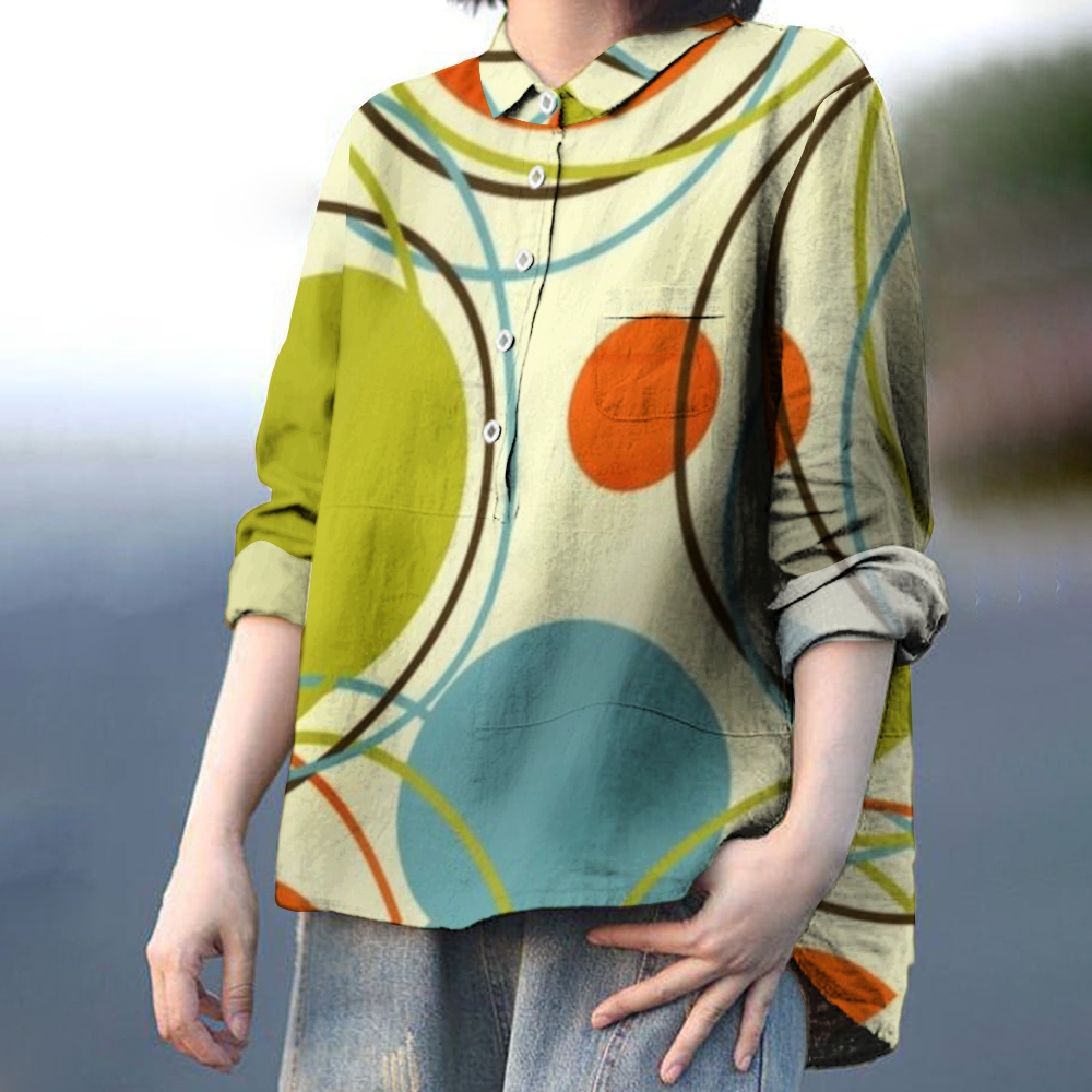 Women's Abstract Print Casual Cotton And Linen Shirt