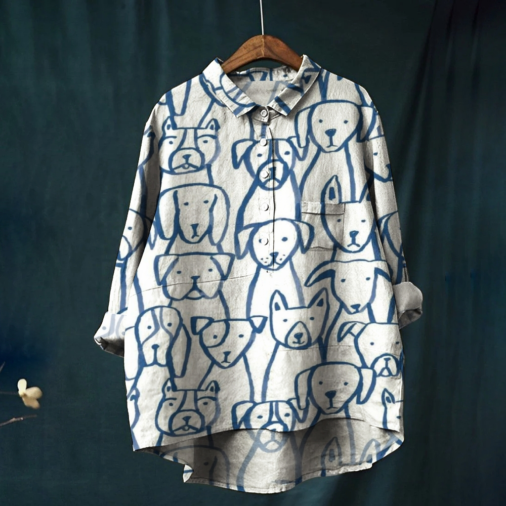 Women's Dog Art Print Casual Cotton And Linen Shirt