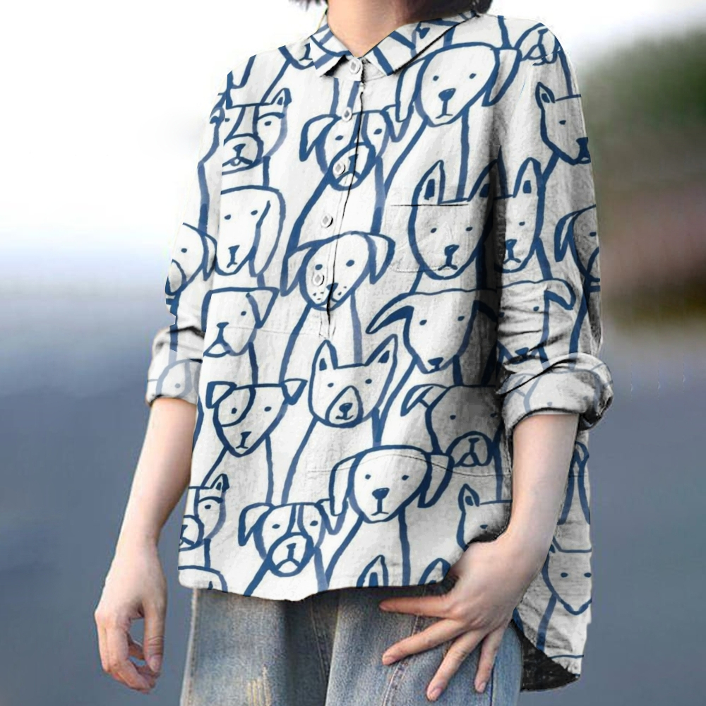 Women's Dog Art Print Casual Cotton And Linen Shirt