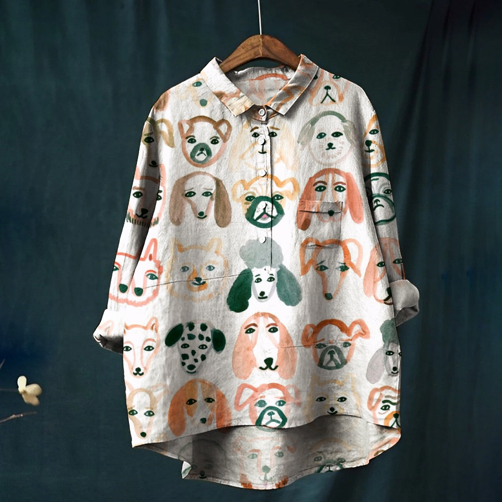 Women's Colorful Dog Print Casual Cotton And Linen Shirt