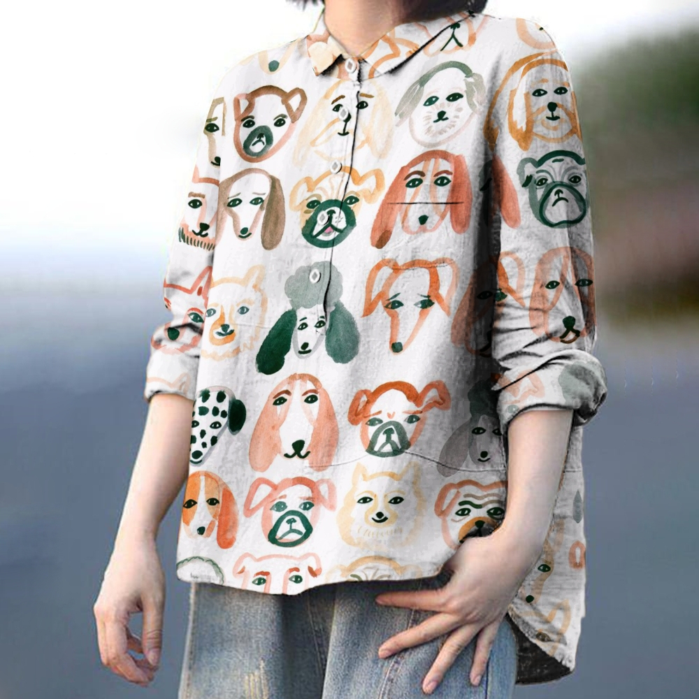 Women's Colorful Dog Print Casual Cotton And Linen Shirt