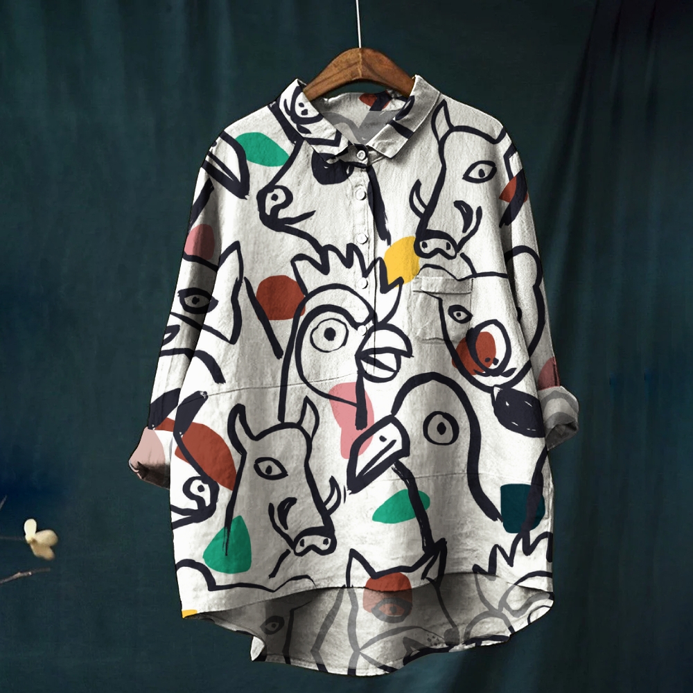 Women's Cartoon Colorblock Print Casual Cotton And Linen Shirt