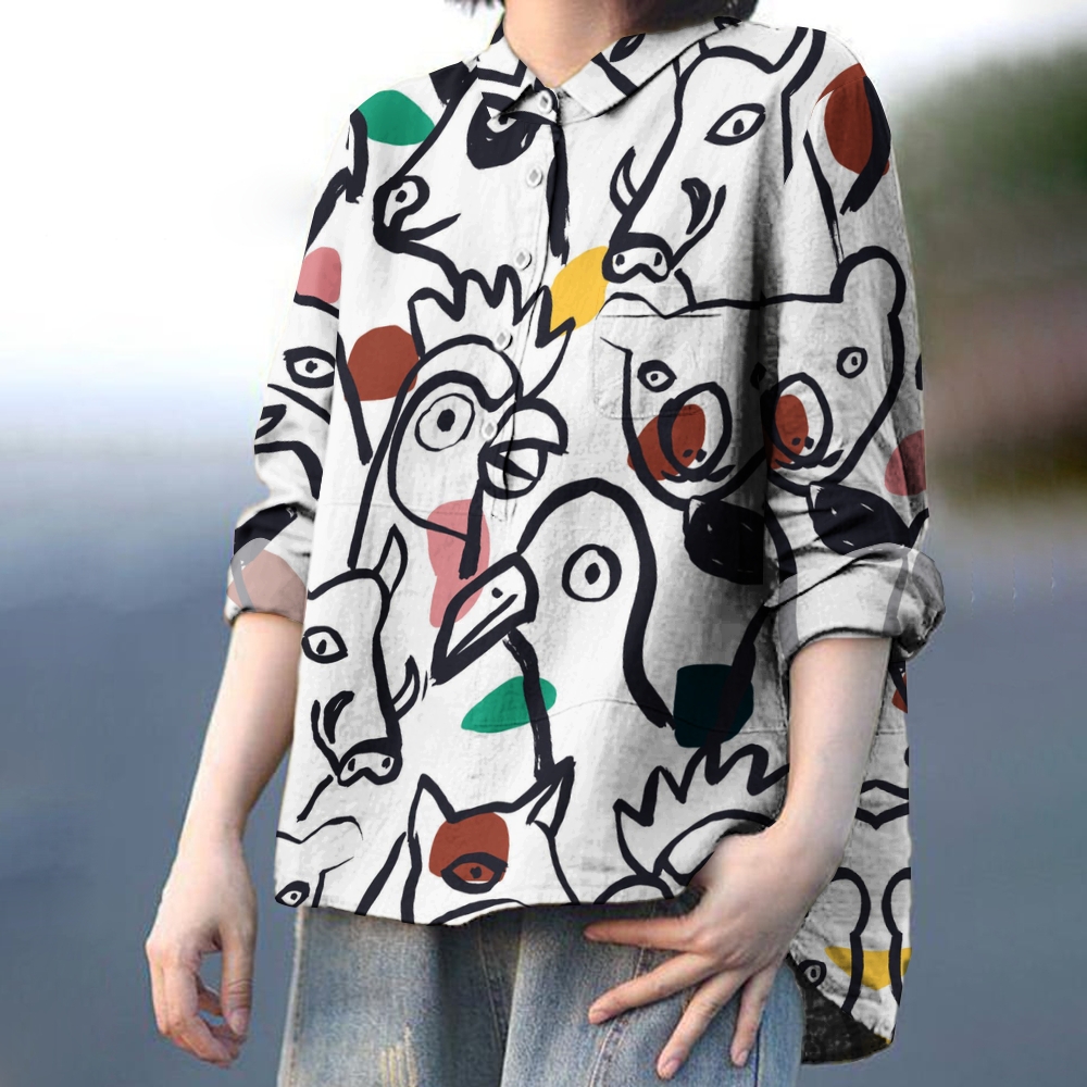 Women's Cartoon Colorblock Print Casual Cotton And Linen Shirt