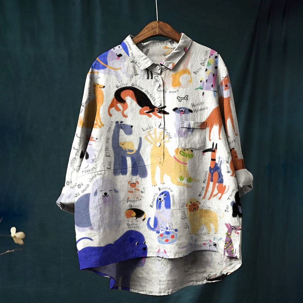 Women's Colorful Dog Print Casual Cotton And Linen Shirt