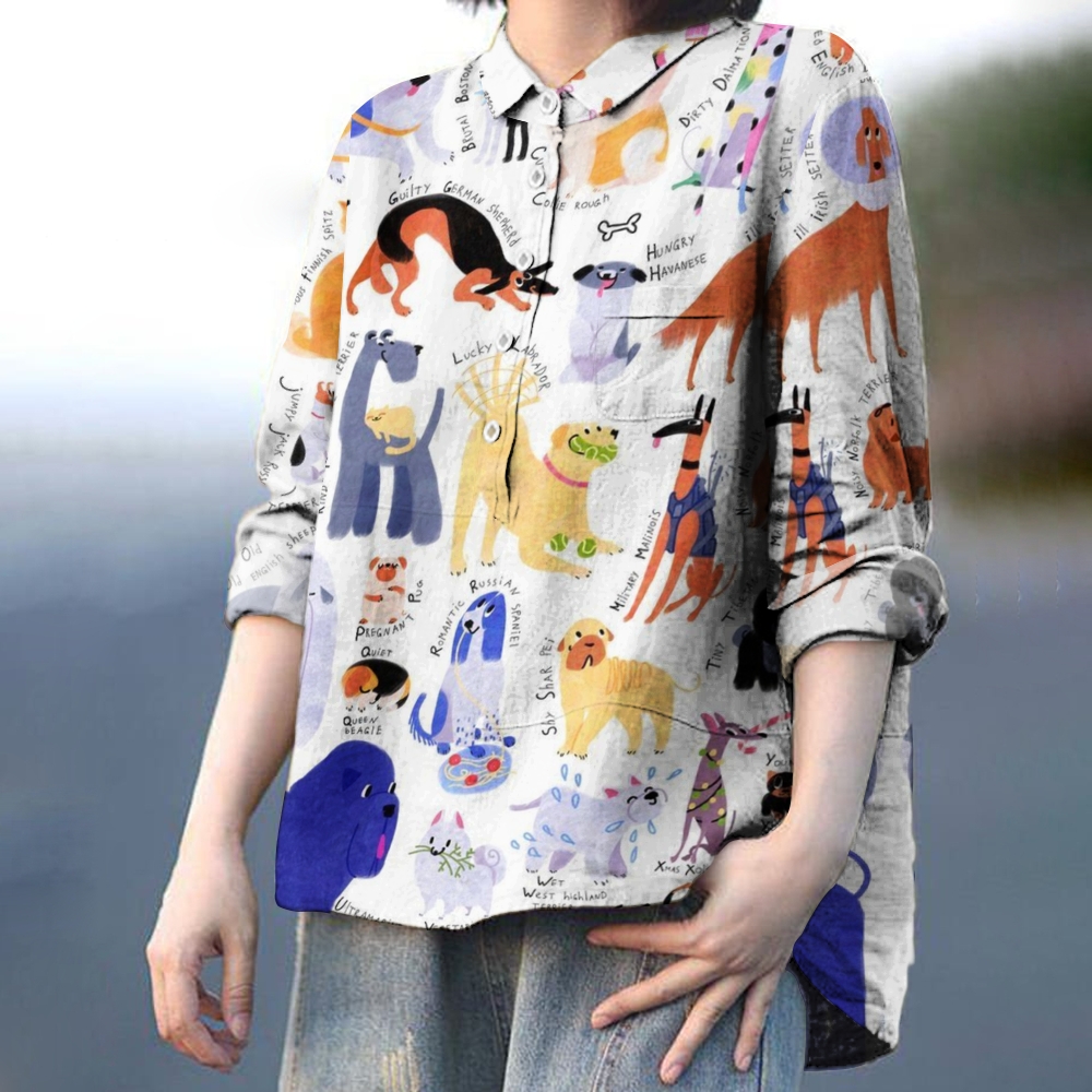 Women's Colorful Dog Print Casual Cotton And Linen Shirt