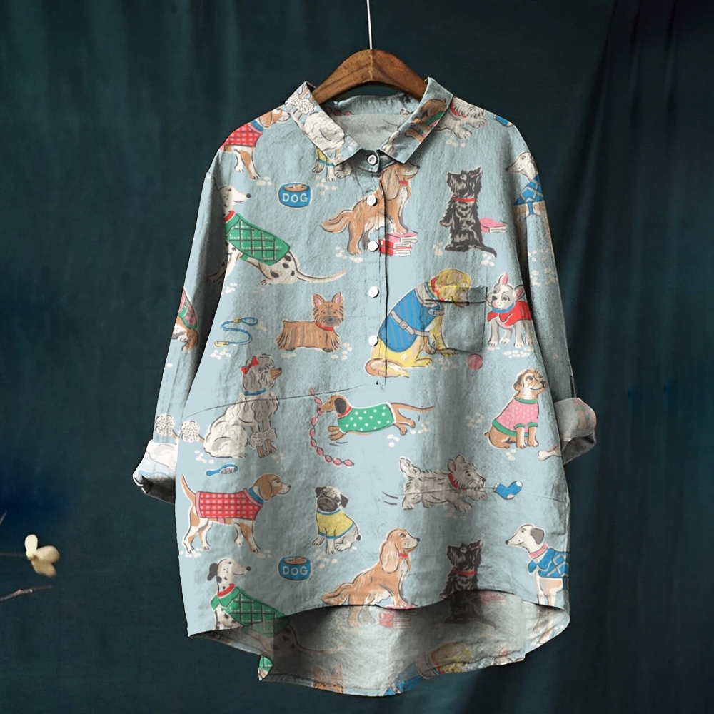 Women's Cartoon Dog Print Casual Cotton And Linen Shirt