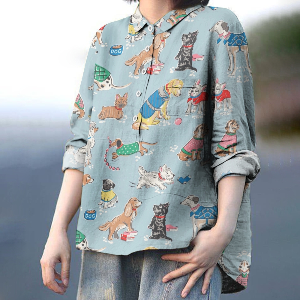 Women's Cartoon Dog Print Casual Cotton And Linen Shirt