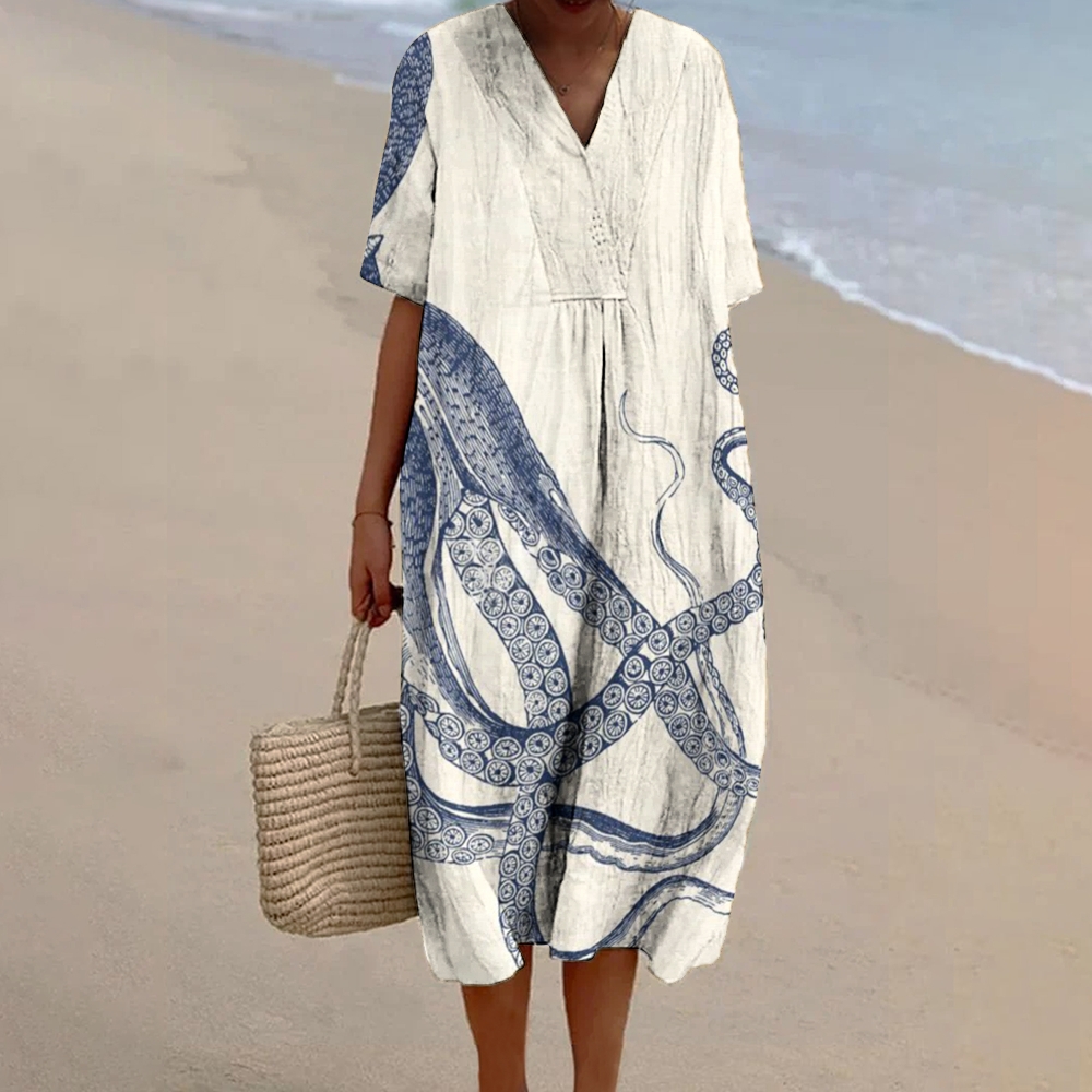 Women's Octopus Print Flowy Linen Dress