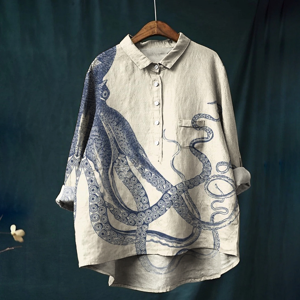 Women's Octopus Print Casual Cotton And Linen Shirt