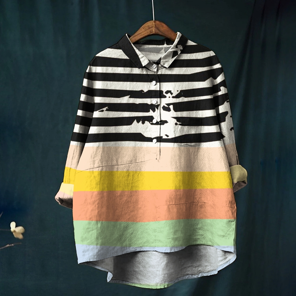 Women's Stripes Print Casual Cotton And Linen Shirt