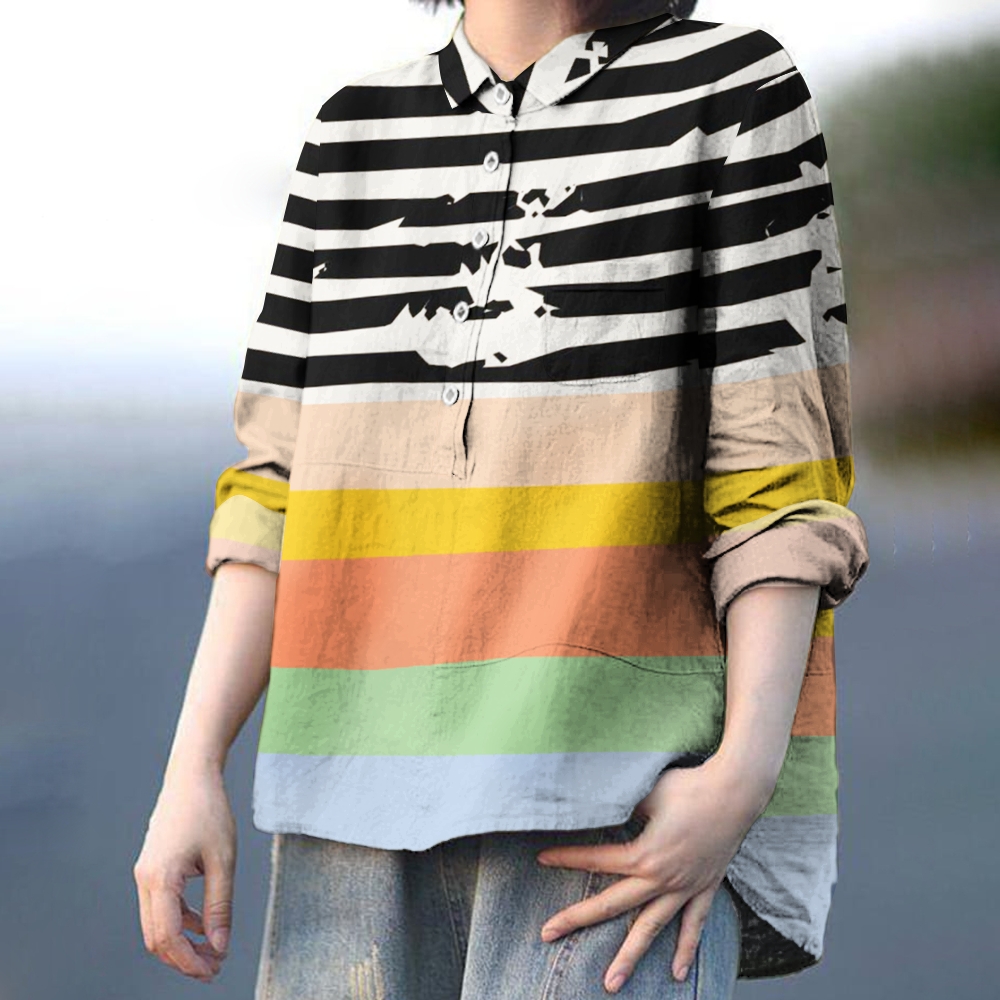 Women's Stripes Print Casual Cotton And Linen Shirt
