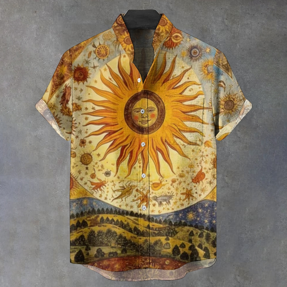 Vintage Sun Shining Beautiful Illustration Art Print Casual 100% Cotton Shirt