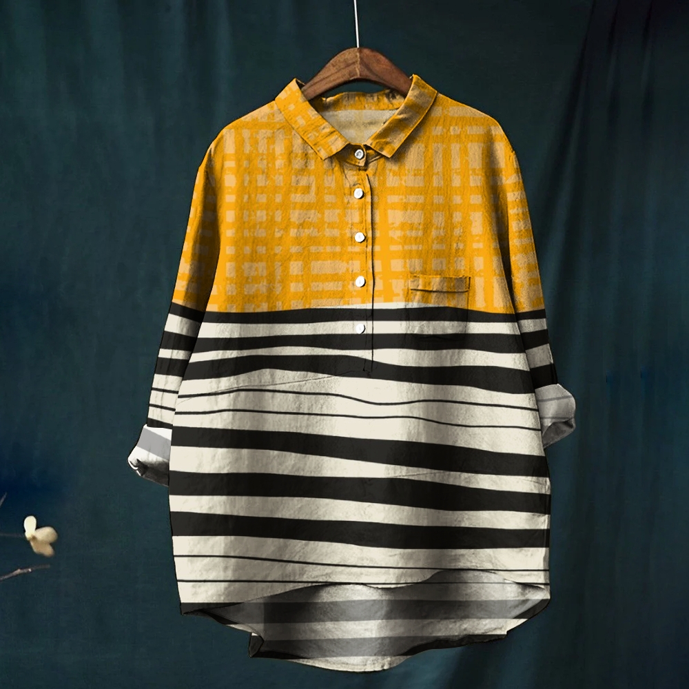 Women's Plaid Stripes Print Casual Cotton And Linen Shirt