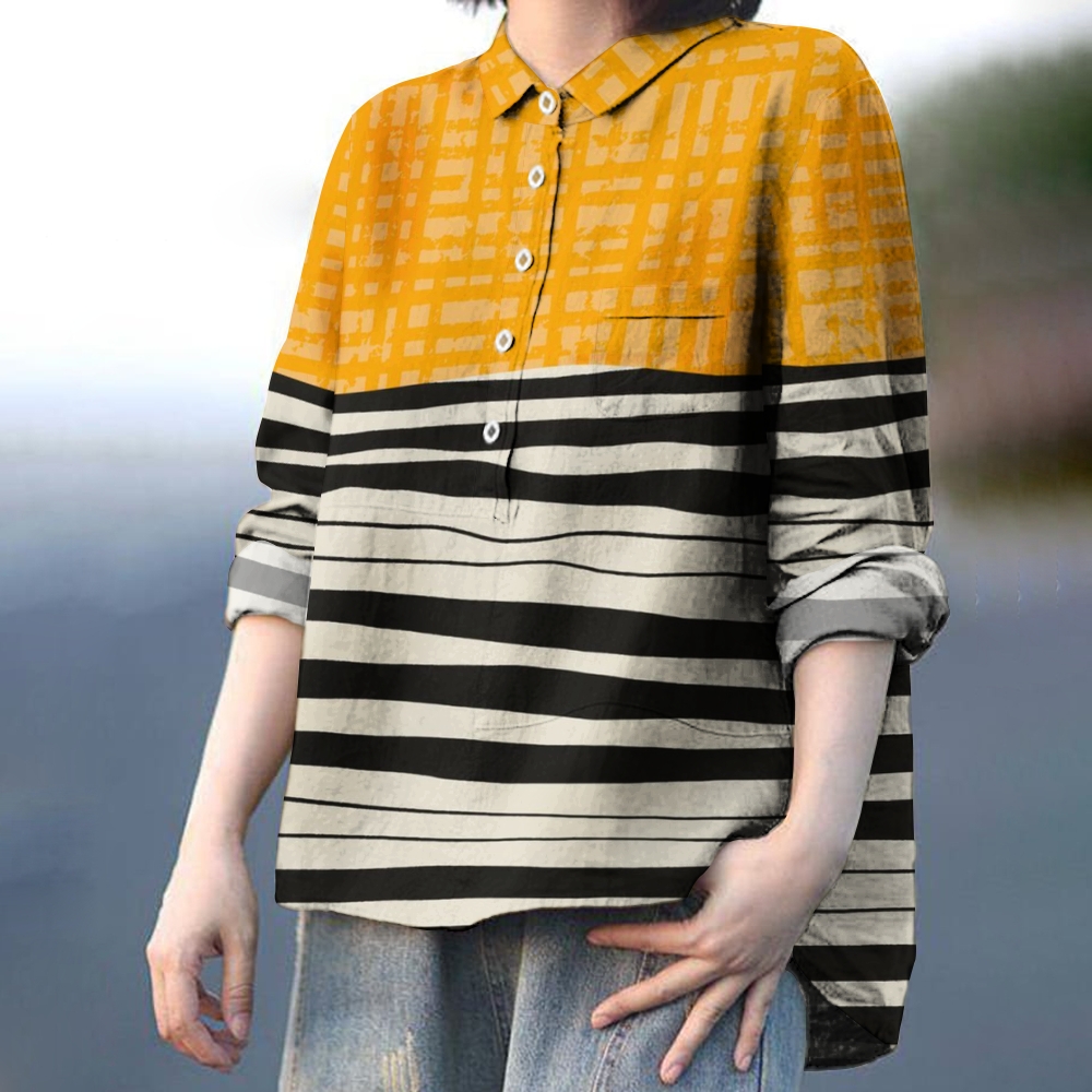 Women's Plaid Stripes Print Casual Cotton And Linen Shirt
