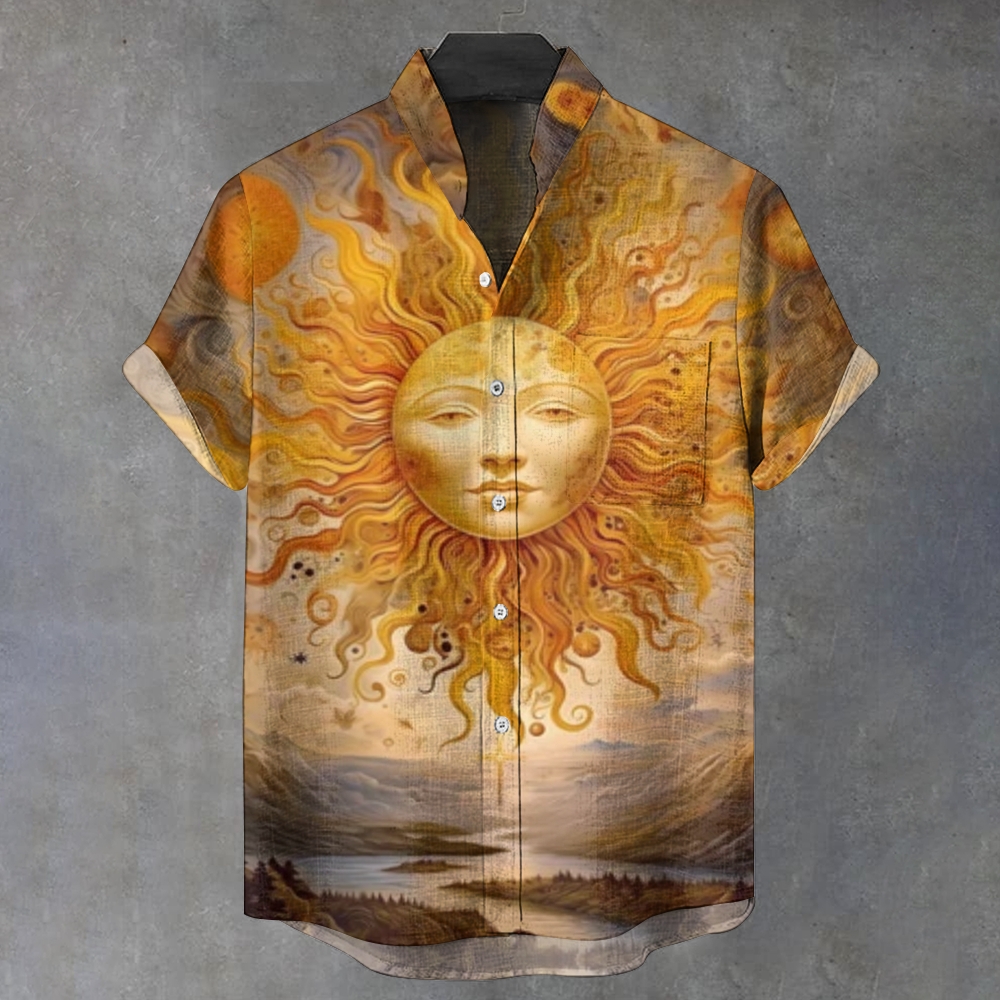 Men's Stand Collar Bohemian Sun Printable Painting Printed Short Sleeve Shirt