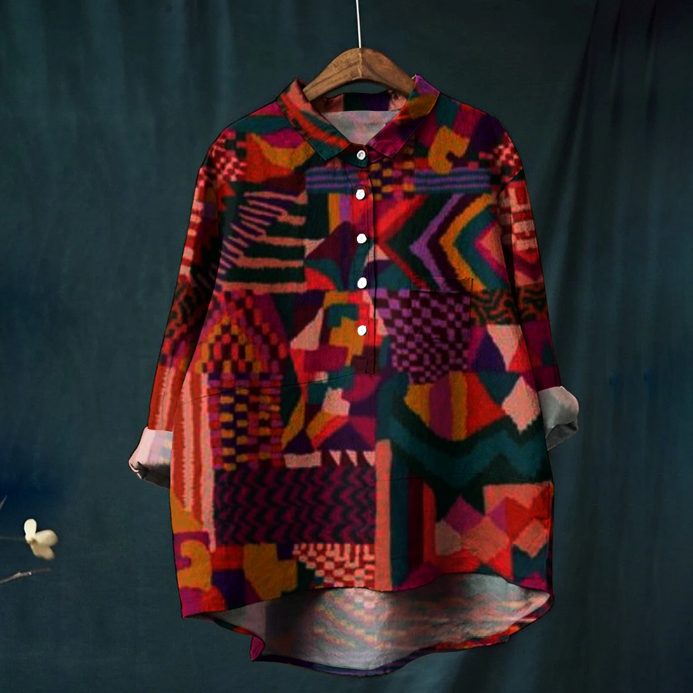 Women's Irregular Geometry Print Casual Cotton And Linen Shirt