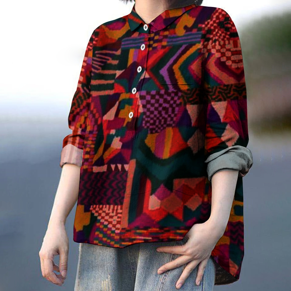 Women's Irregular Geometry Print Casual Cotton And Linen Shirt