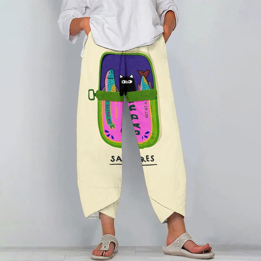 Women's Casual Sardine Printed Cotton And Linen Pants